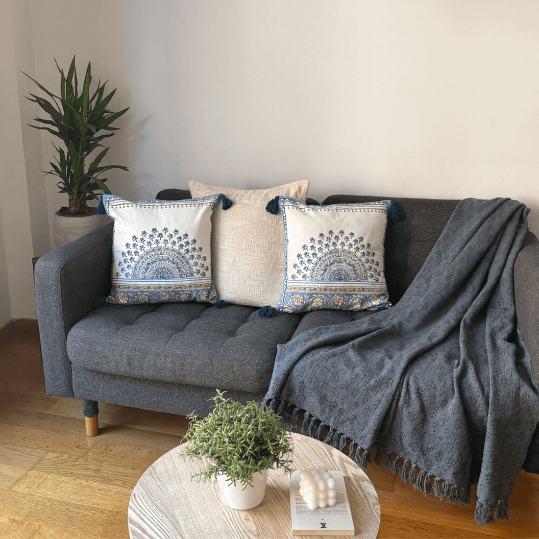 Indigo Bloom Bundle (Set of 3 Cushion Covers; 1 Throw)