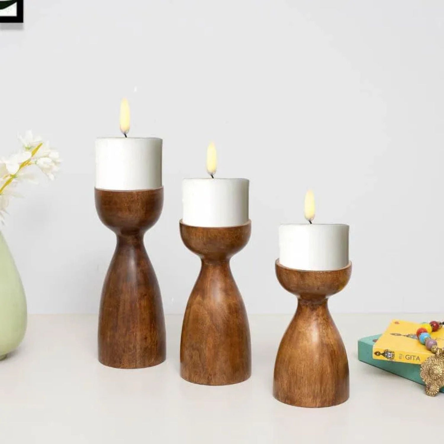 Aria Wooden Candle Stand - Set Of Three - Sarva Casa