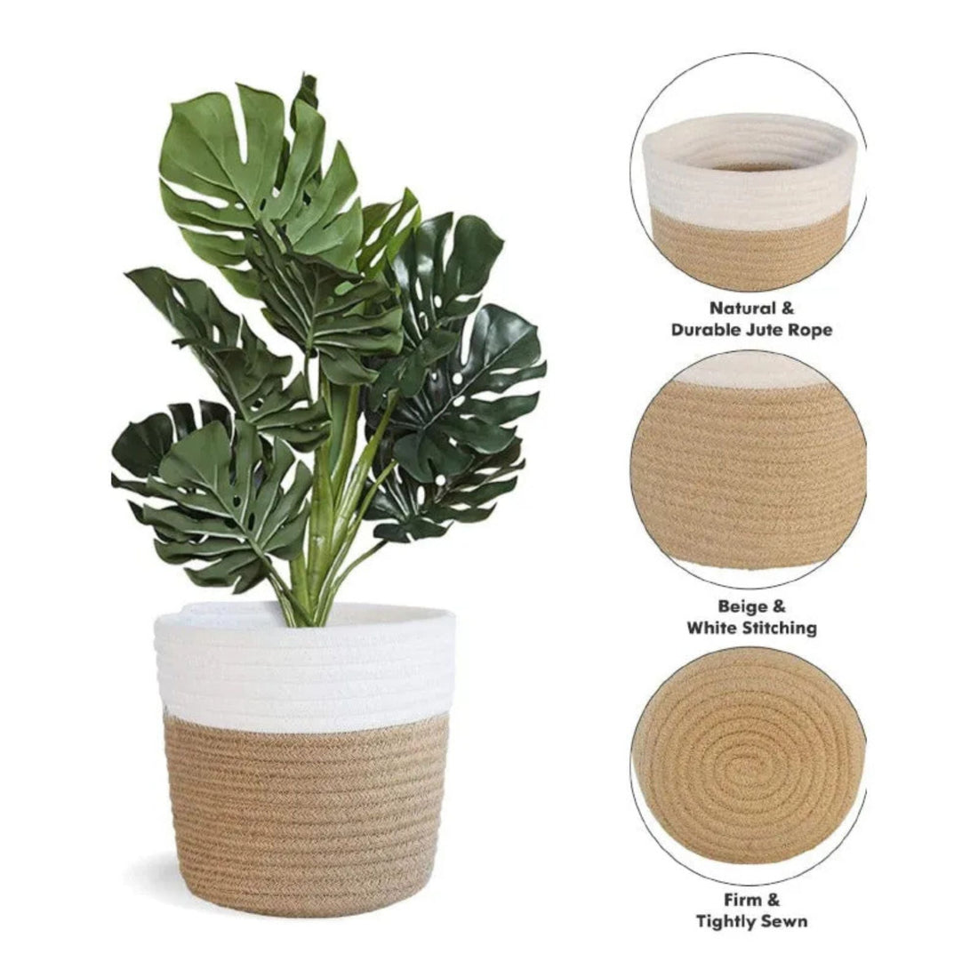 Tillie Natural Fiber Planter (White &amp; Beige) - Set Of Two - Sarva Casa